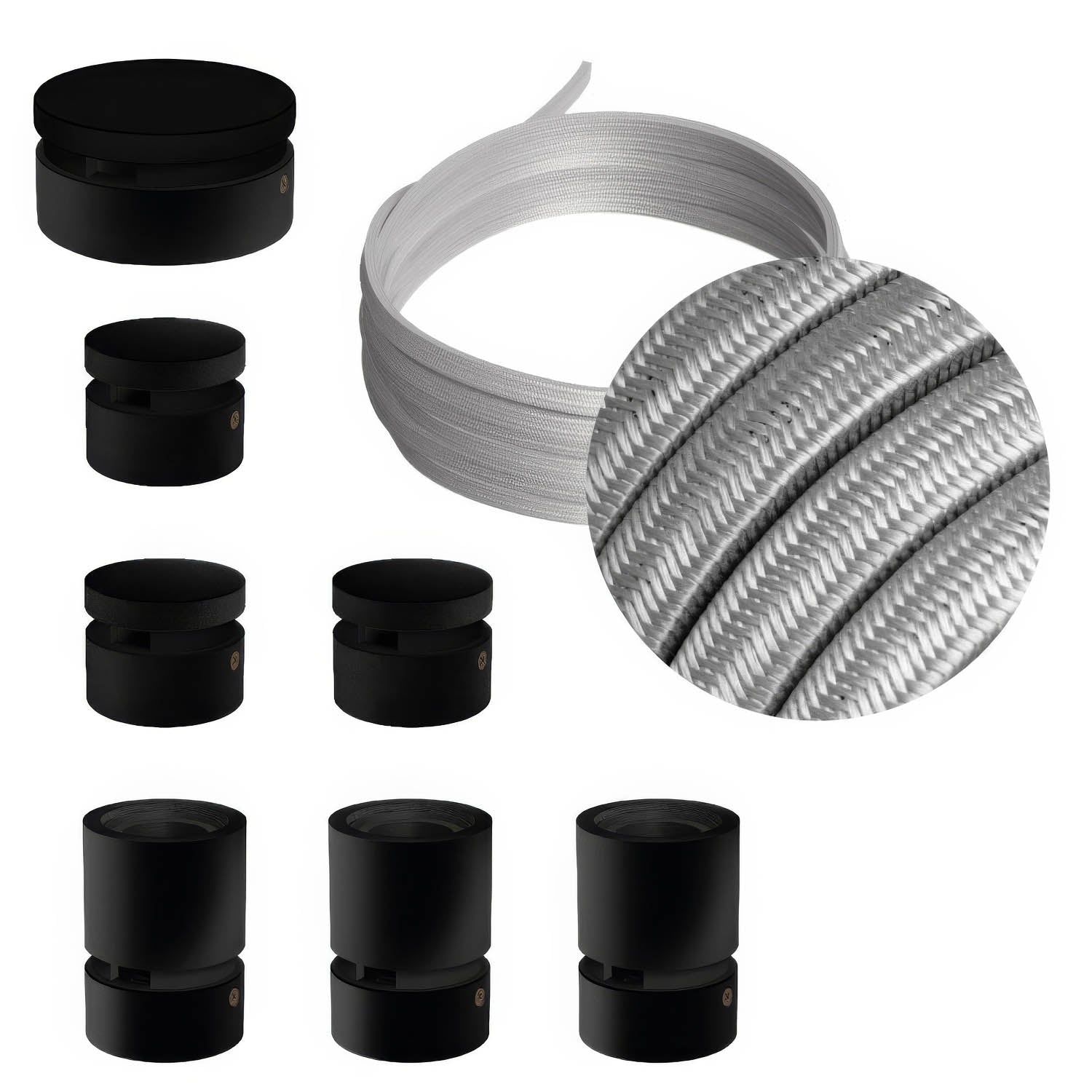 Sistema Filé Linear Kit - con cavo CM02 di 5 m per catenaria e 7 componenti in legno verniciato nero per interni
