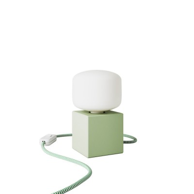 Επιτραπέζιο Φωτιστικό Posaluce Cubetto Κυβικό Πράσινο Βαμμένο Ξύλινο, με υφασμάτινο καλώδιο, διακοπτάκι και διπολικό φις