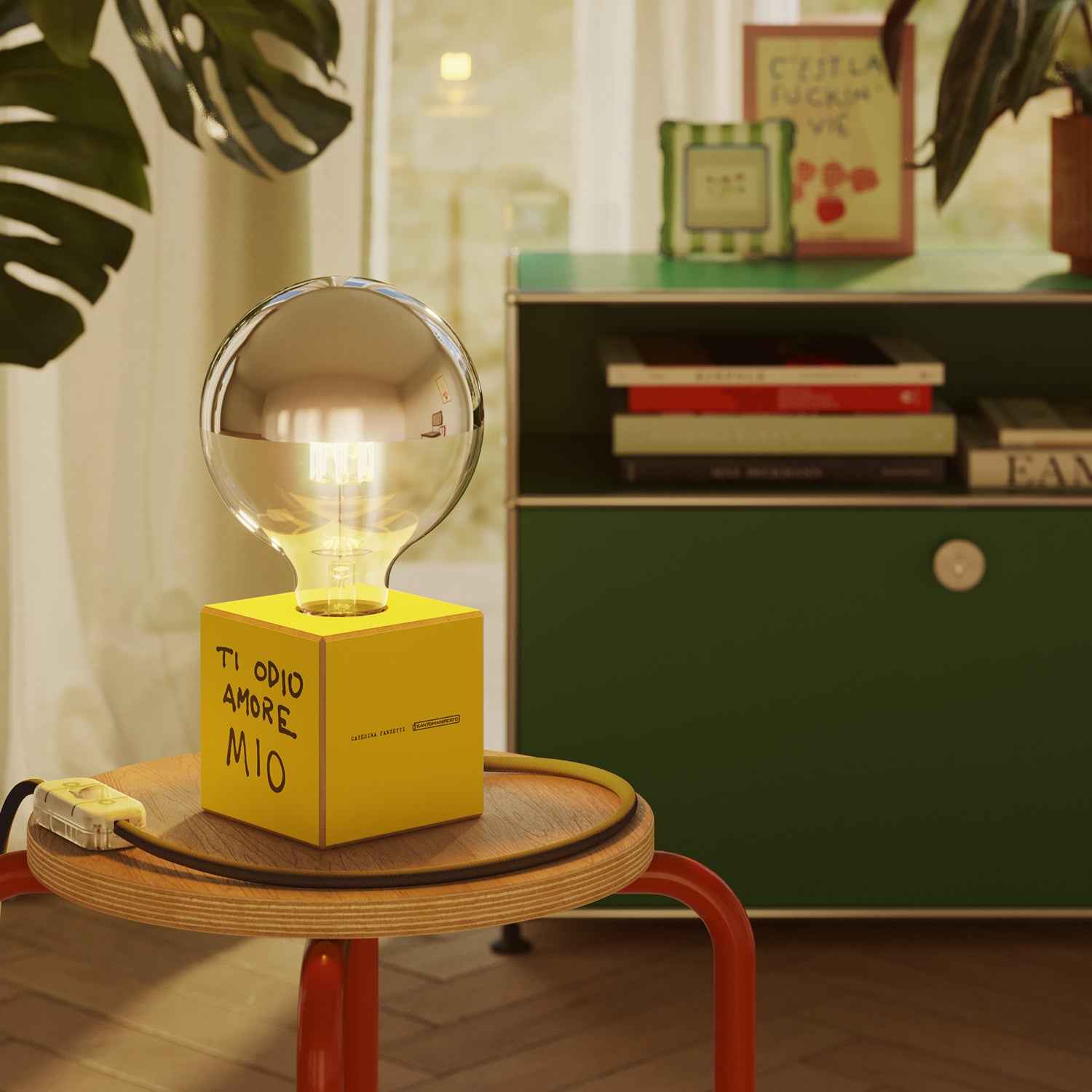 Lampada da tavolo Cubetto "Ti odio amore mio" con lampadina globo mezza sfera argento - Santomanifesto