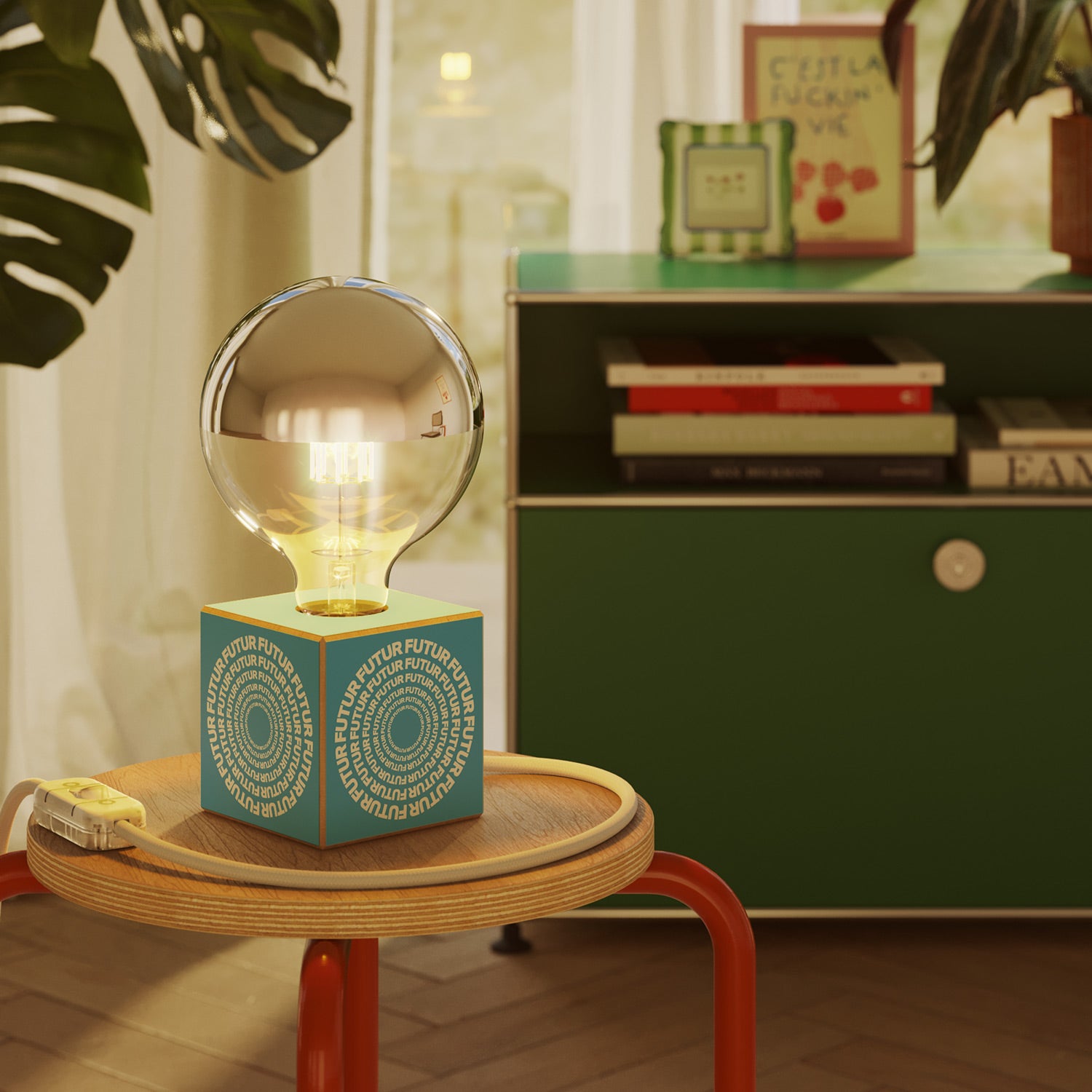 Lampada da tavolo Cubetto "Futur" con lampadina globo mezza sfera argento - Futur Festival