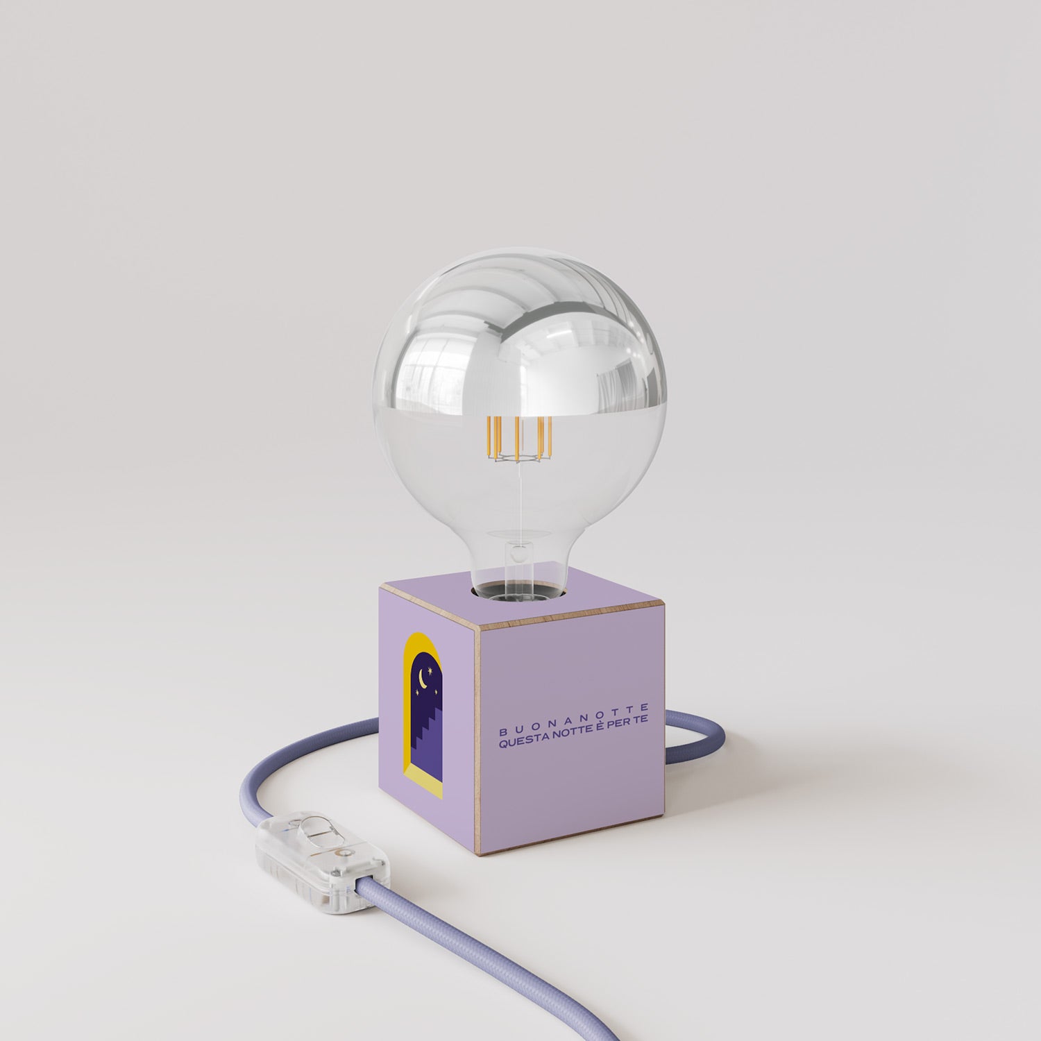 Lampada da tavolo Cubetto "Buonanotte fiorellino" con lampadina globo mezza sfera argento - Santomanifesto