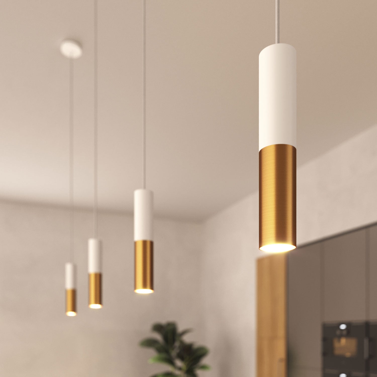 Lampada a sospensione completa di cavo tessile e doppio paralume Tub-E14 - Bianco opaco e Bronzo satinato