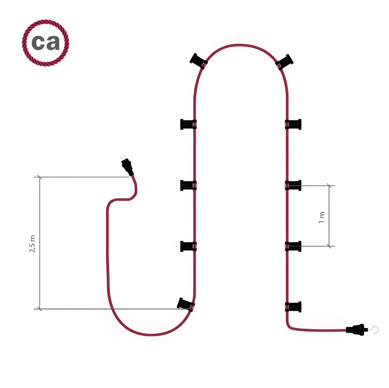 Catenaria Sistema Lumet da 12,5 m con cavo tessile ECC37, 10 portalampada, gancio e spina neri