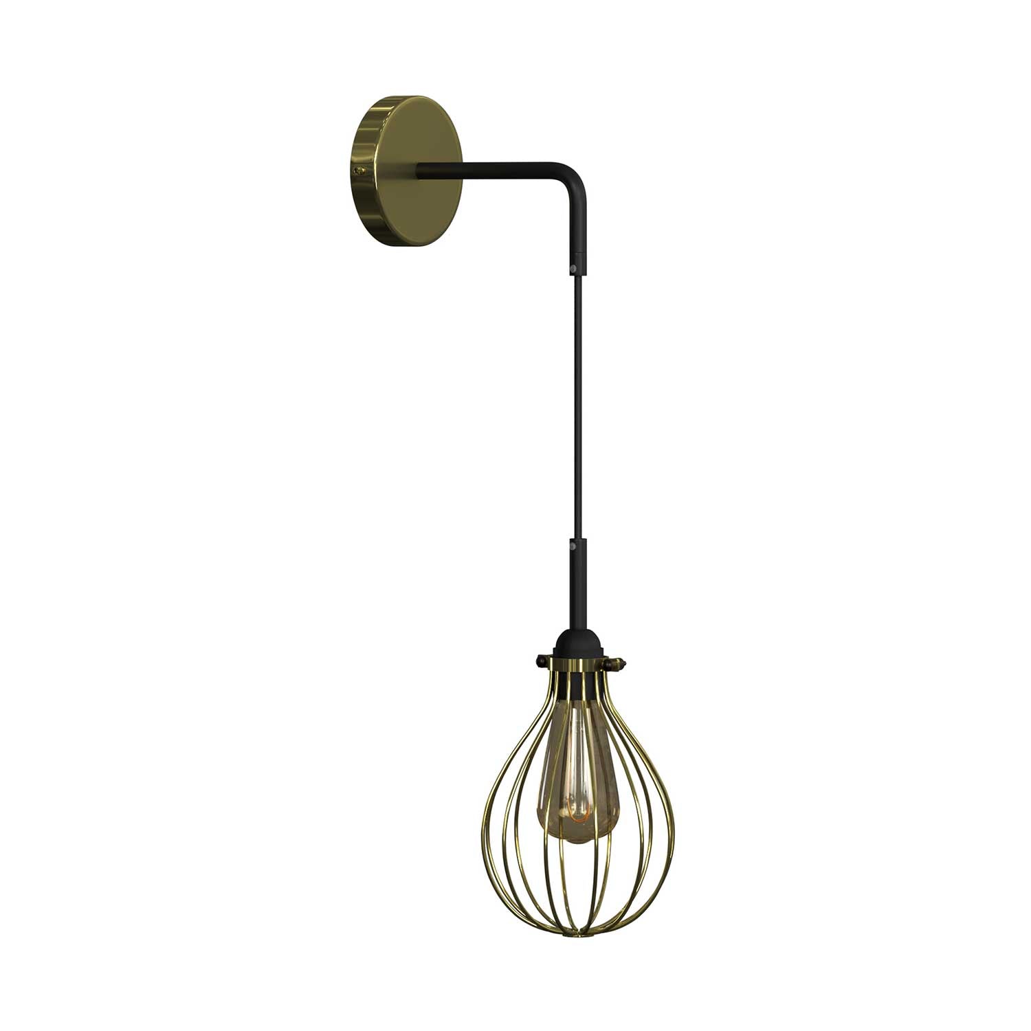 Fermaluce Metal con paralume Drop, lampada a muro in metallo con estensione curva e cavo tessile - Ottone