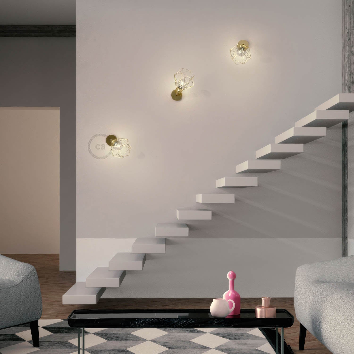 Fermaluce Metallo 90° con paralume Diamond, lampada filomuro orientabile in metallo - Ottone