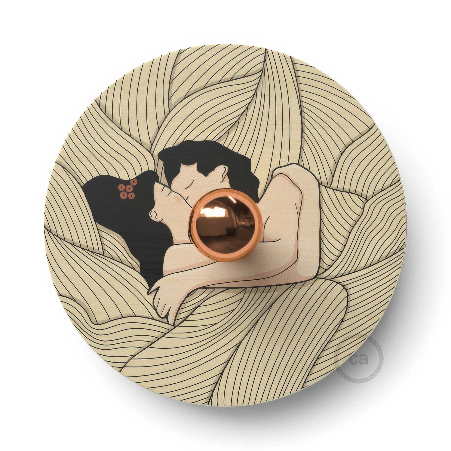 Fermaluce Romantic con paralume UFO in legno double-face illustrato da Carolina Zuniga