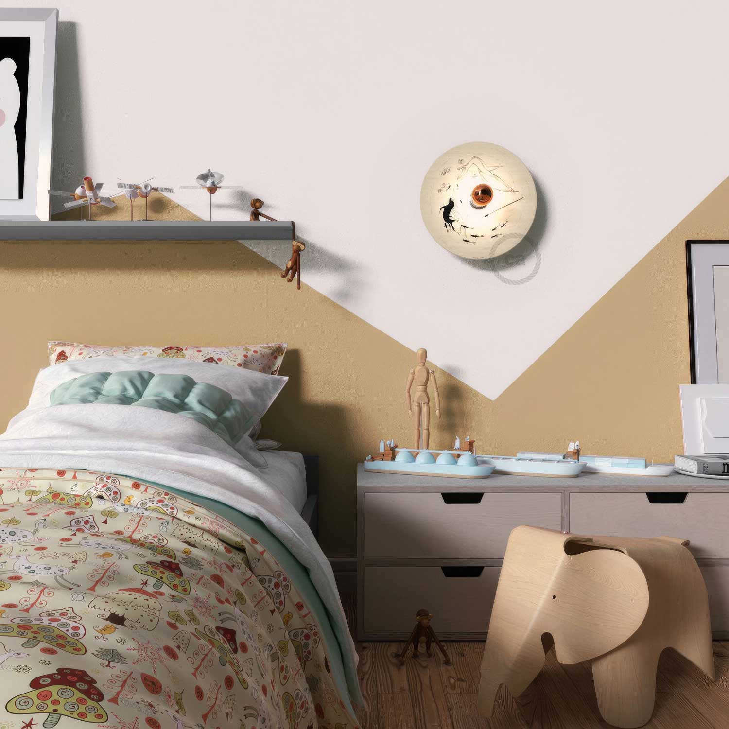 Fermaluce Romantic con paralume UFO in legno double-face illustrato da Fernando Cobelo