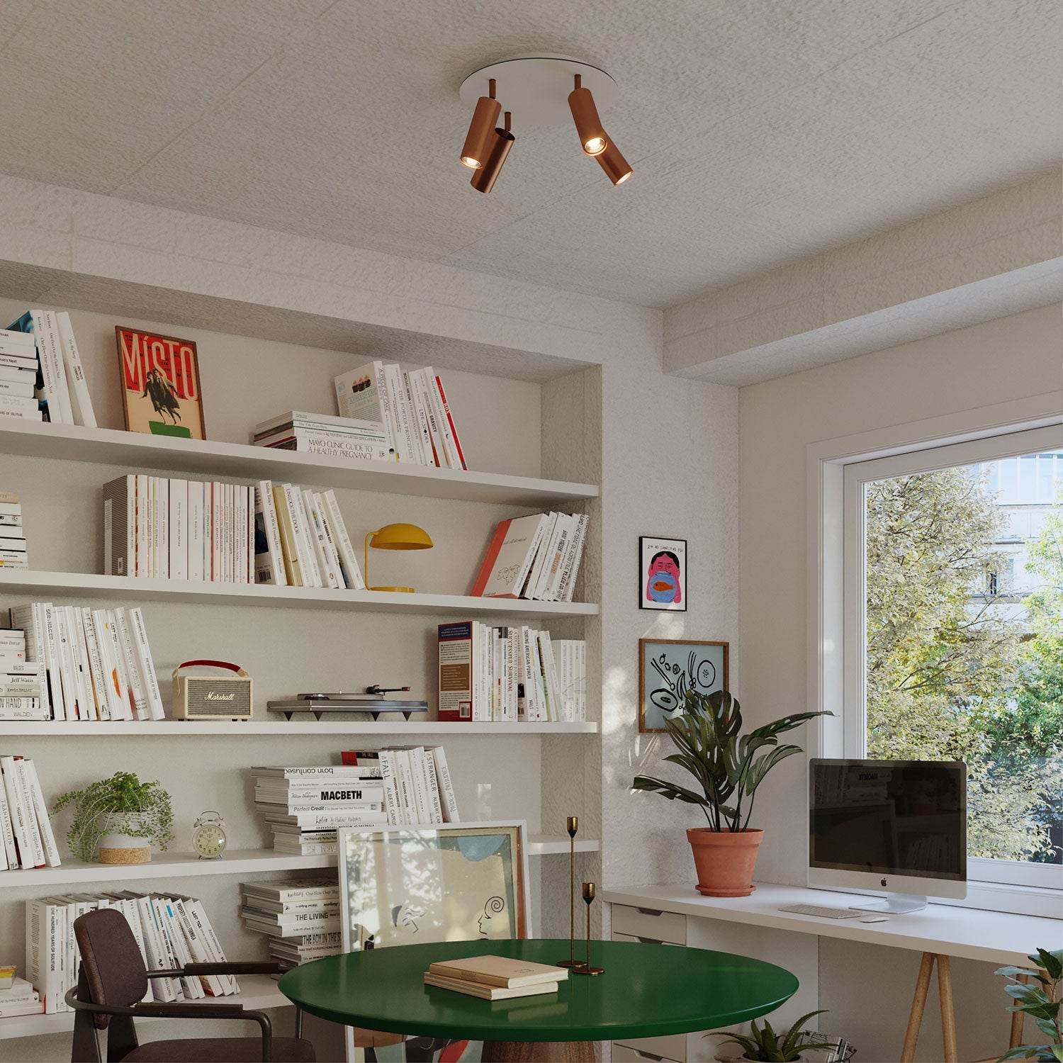 Lampada a 4 faretti con paralume Tub-E14 e Rose-One XXL rotondo - Rame satinato