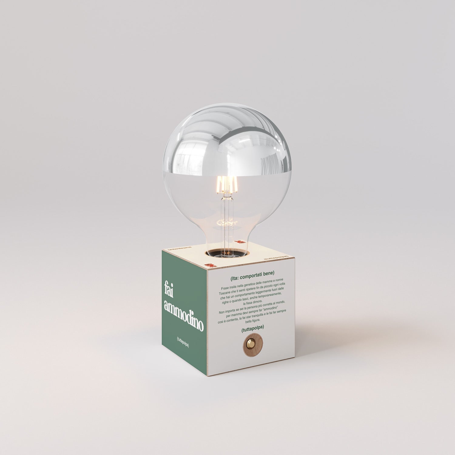 Lampada a batteria Cabless03 "Fai ammodino" con lampadina globo mezza sfera argento - Tuttapolpa