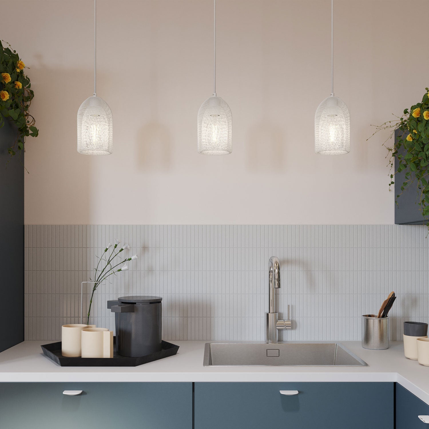 Lampada a sospensione completa di cavo tessile, paralume Ghostbell e finiture in metallo - Bianco