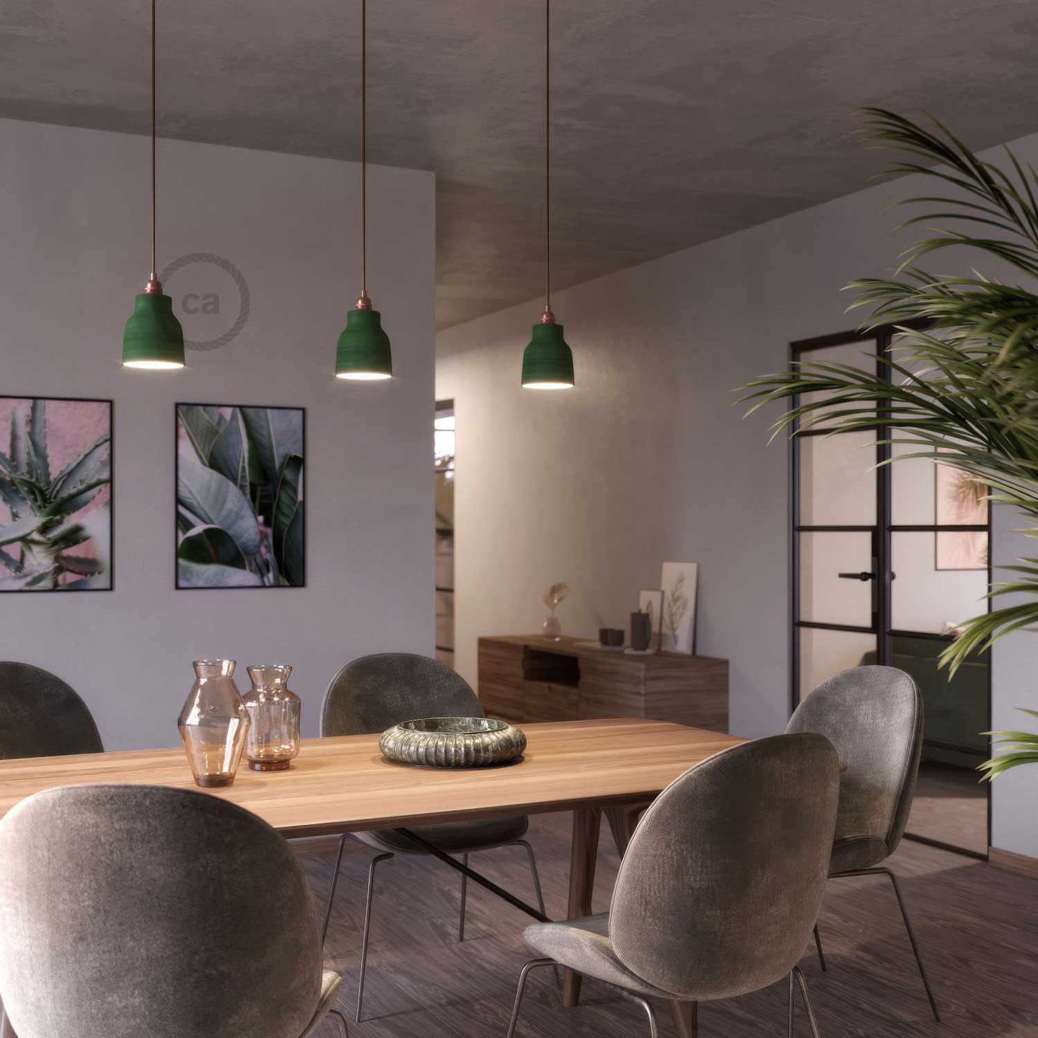 Lampada a sospensione completa di cavo tessile, paralume Vaso in ceramica e finiture in metallo - Evergreen striato