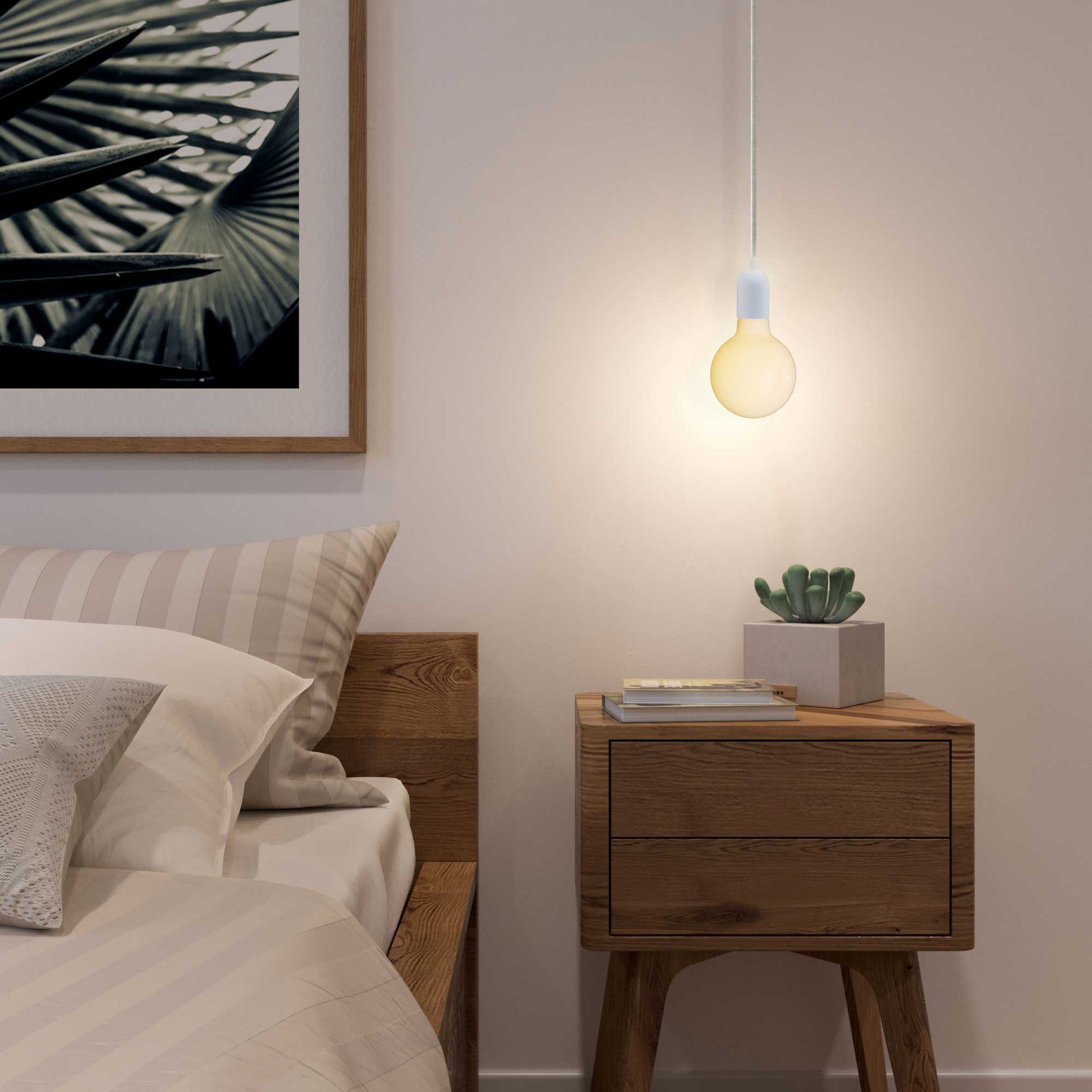 Lampada a sospensione completa di cavo tessile, rosone e portalampada semisferici in metallo - Bianco