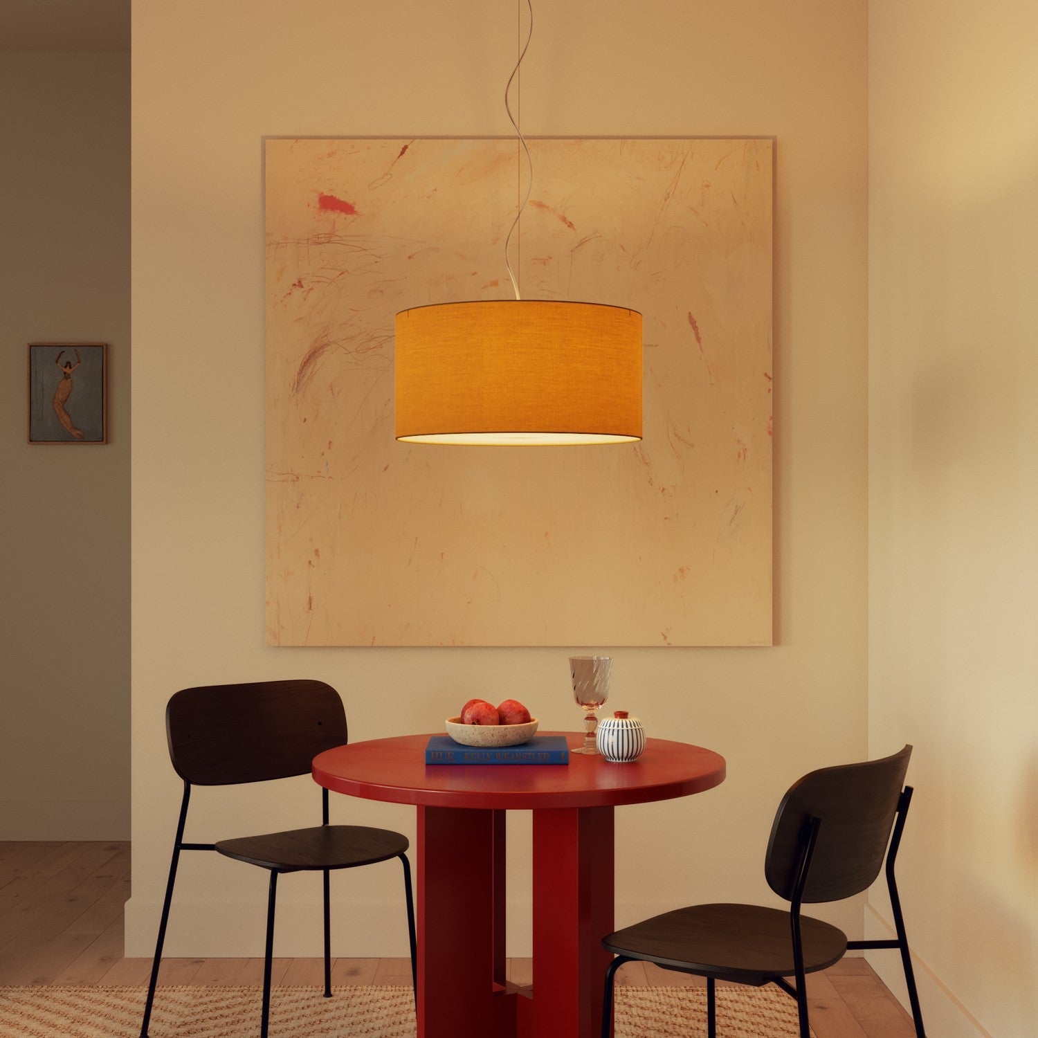 Lampada a sospensione con paralume in tessuto Cilindro Medium Arenal oro - Made in Italy No