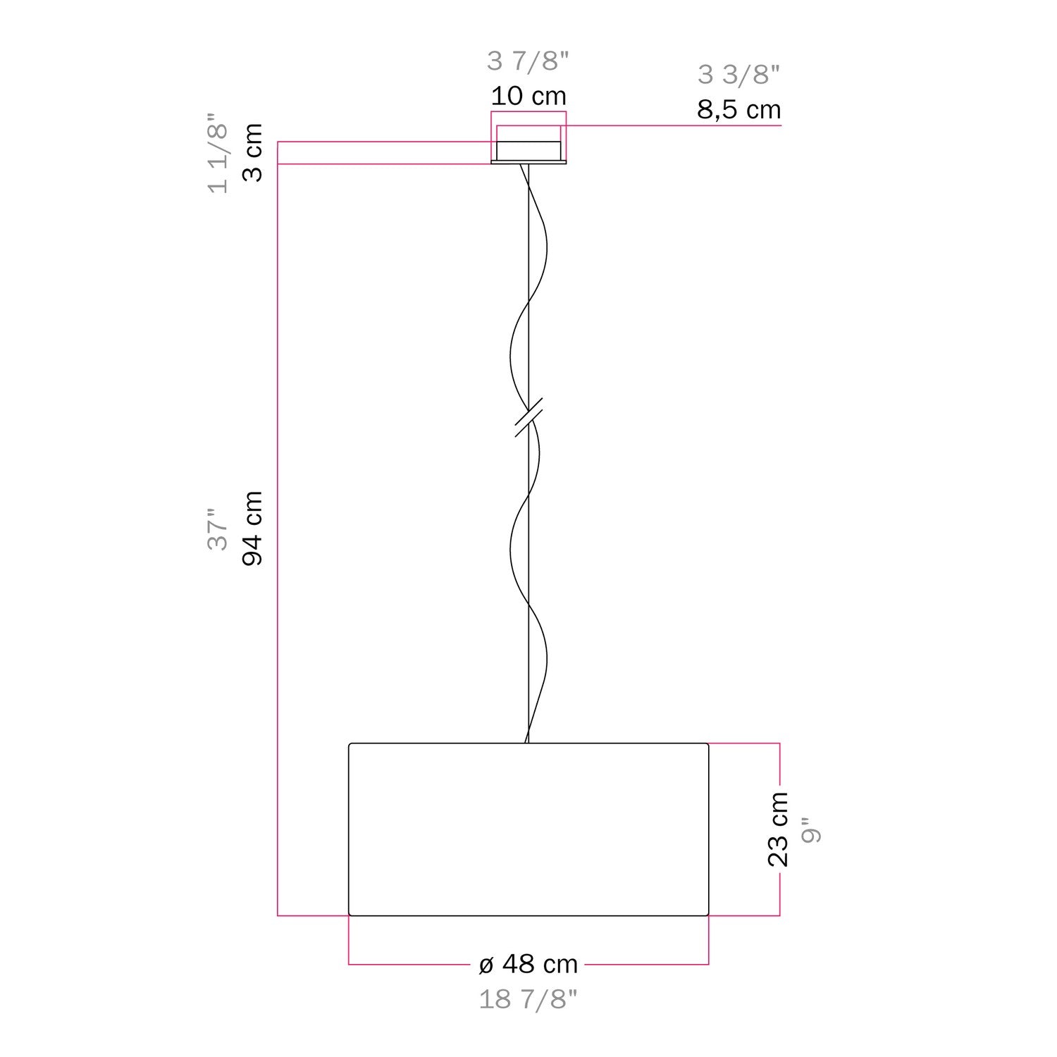 Lampada a sospensione con paralume in tessuto Cilindro Medium - Made in Italy - Teletta Grigio Scuro No
