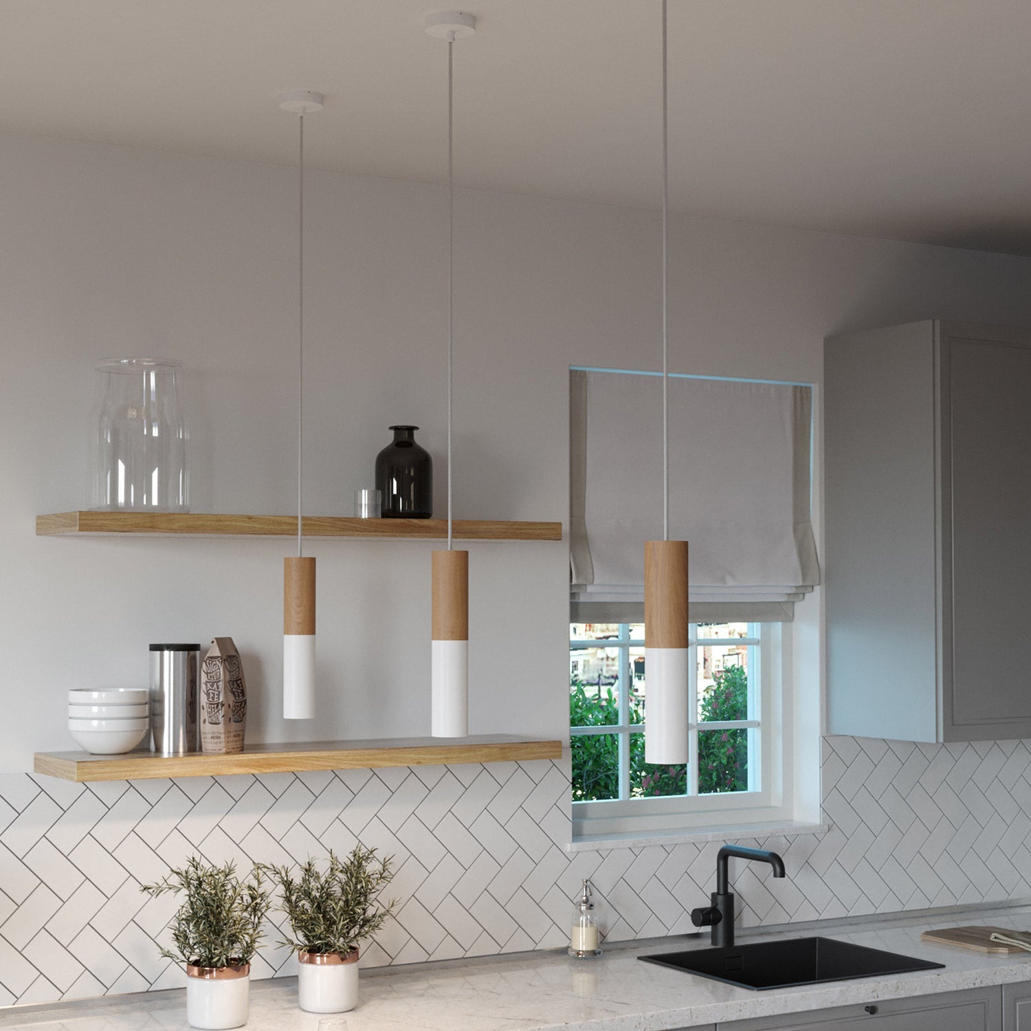 Lampada a sospensione Made in Italy completa di cavo tessile e doppio paralume Tub-E14 in legno e metallo - Bianco opaco