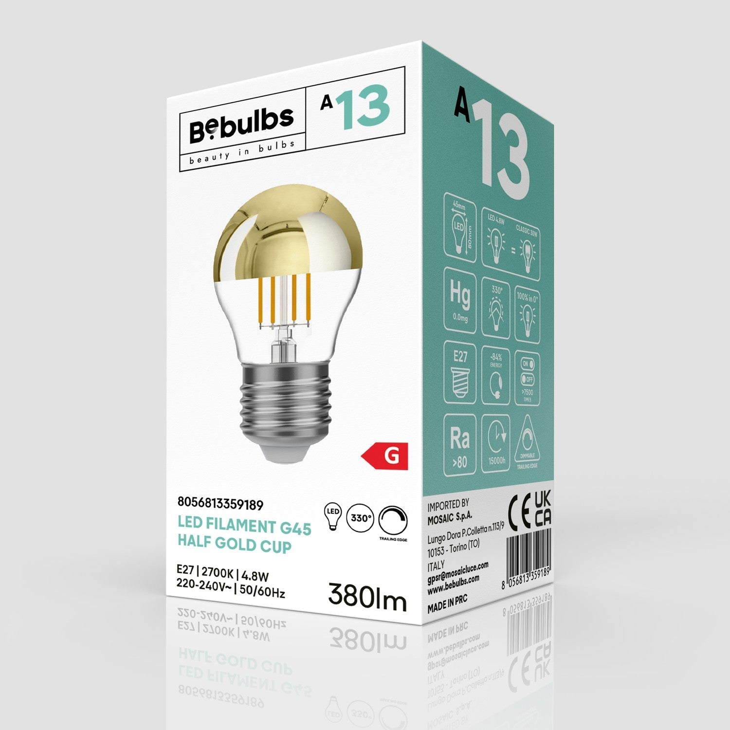 Lampadina LED Mezza Sfera Oro Mini Globo G45 4,8W 380Lm E27 2700K Dimmerabile - A13