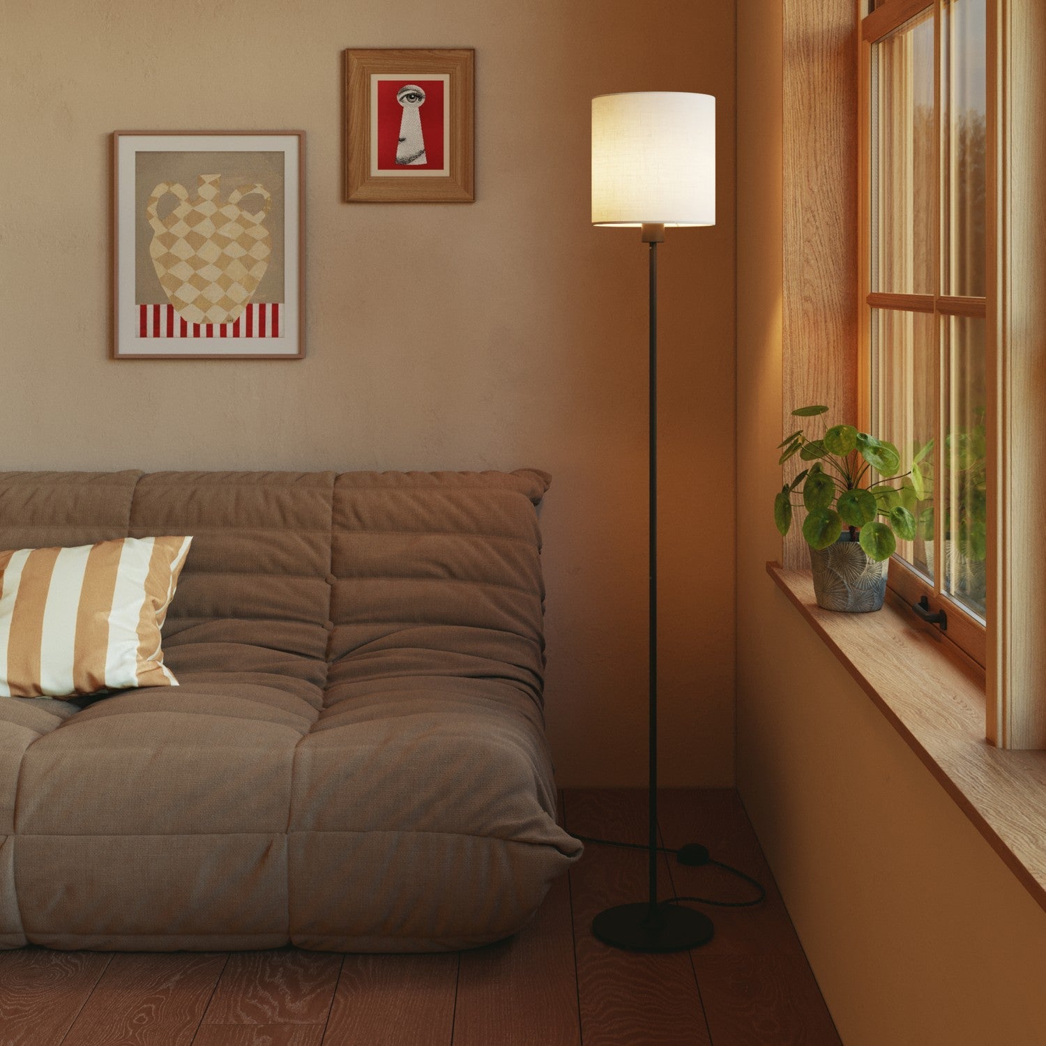 Paralume Cilindro M in tessuto con attacco E27 - Made in Italy - Lino bianco lucido