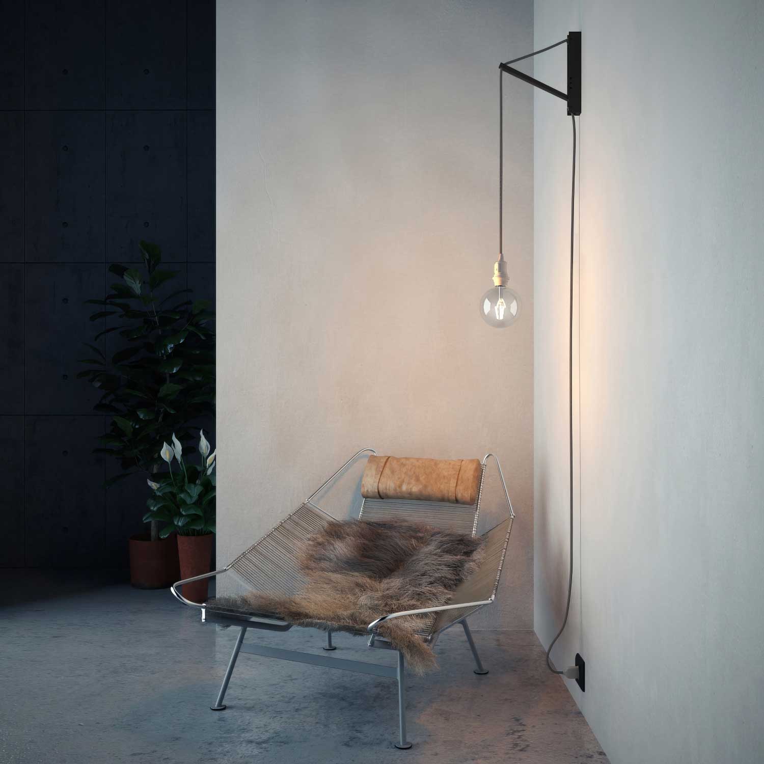 Pinocchio, supporto a muro regolabile in legno per lampade a sospensione - Nero