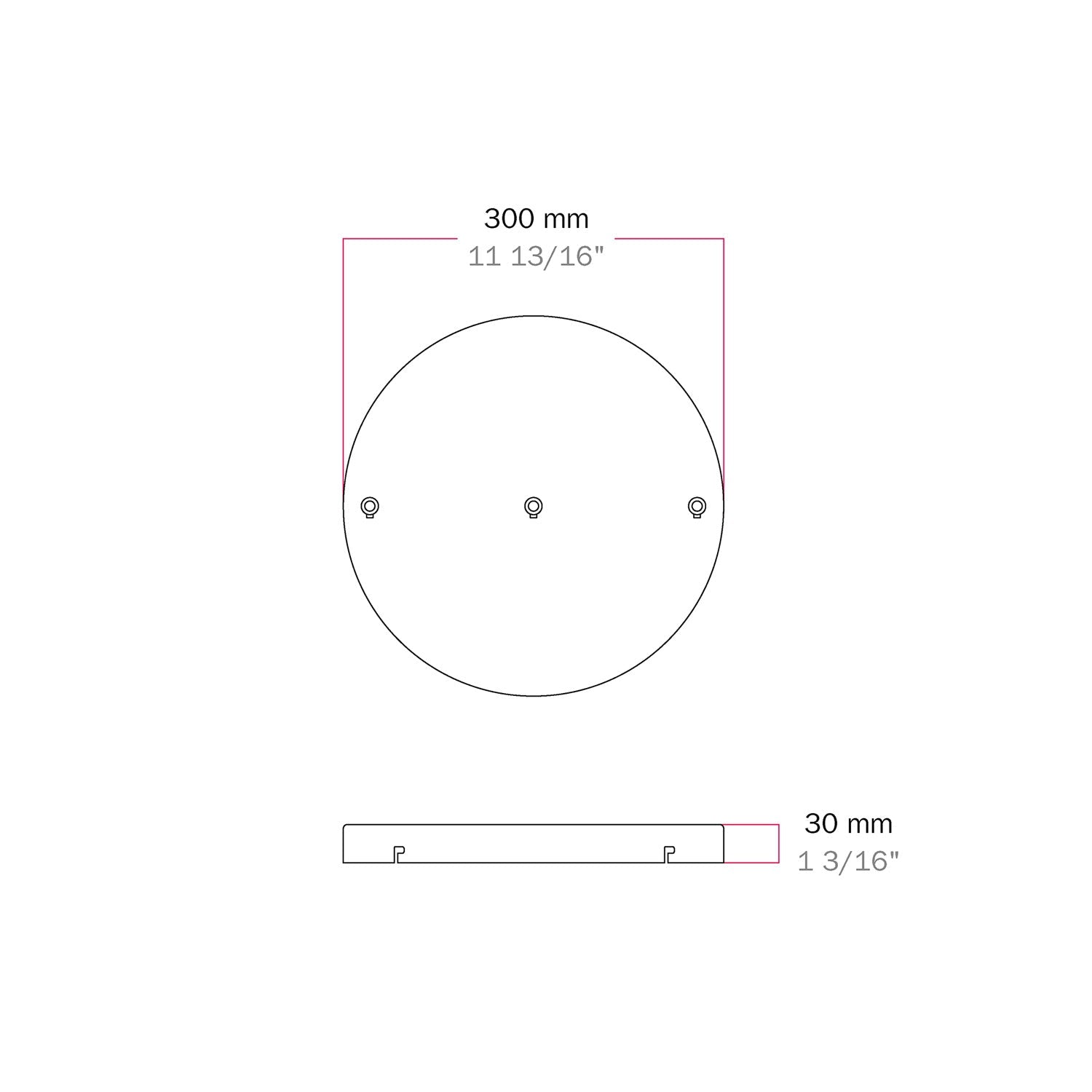 Rosone rotondo in alluminio Ø 30 cm con staffa e cavo di messa a terra, con 3 fori frontali - Bianco Opaco 0