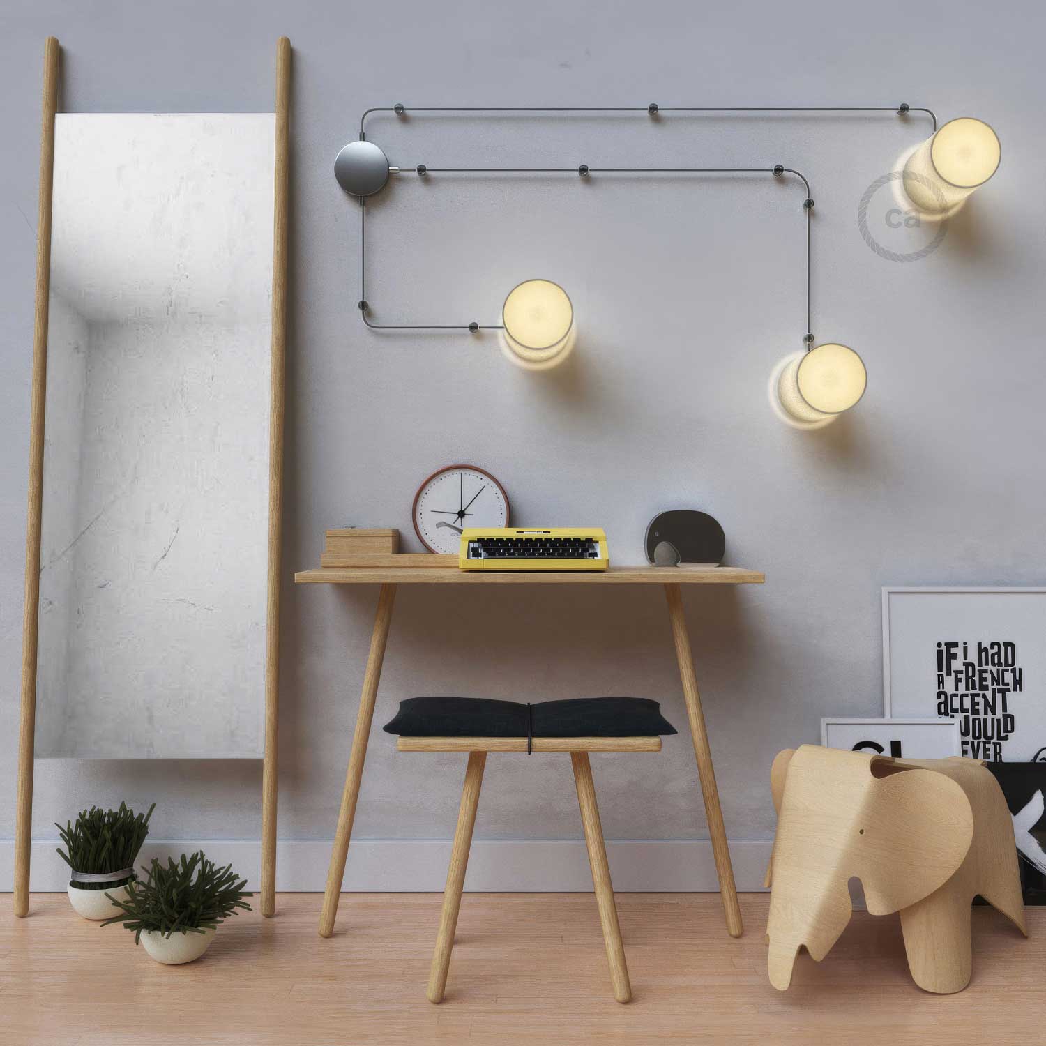 Spostaluce, il punto luce in metallo completo di portalampada E27 filettato, cavo tessile e fori laterali - Cromo